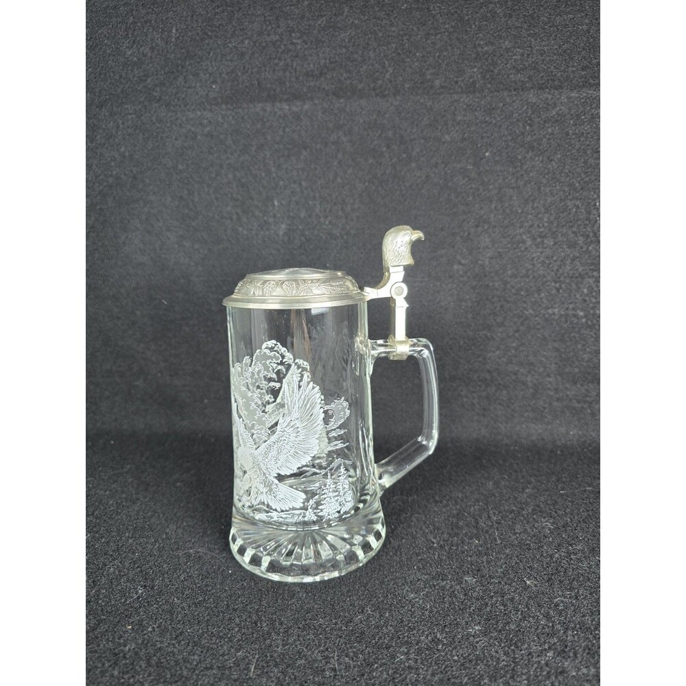 Collectible Etched Glass Beer Stein w Pewter Lid Eagle Theme Germany 7” Tall